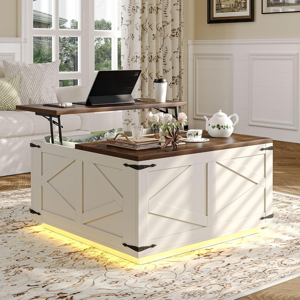 Farmhouse Lift Top Coffee Table, Square Wood Center Table with LED Lighting, USB-C Charging Station