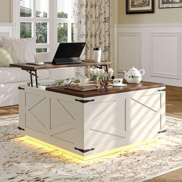 Farmhouse Lift Top Coffee Table, Square Wood Center Table with LED Lighting, USB-C Charging Station