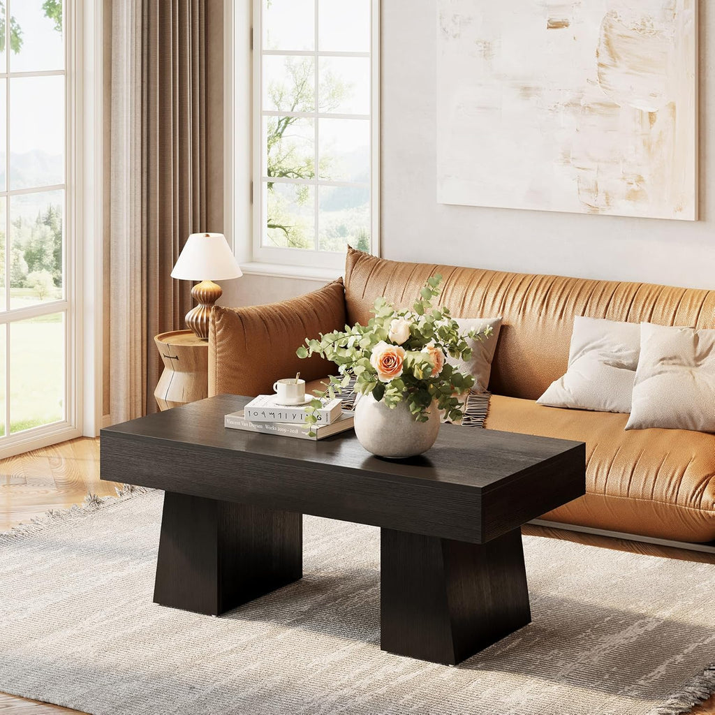 Farmhouse Coffee Table, 47 Inches Wooden Rectangular Accent Center Tables with Thick Base