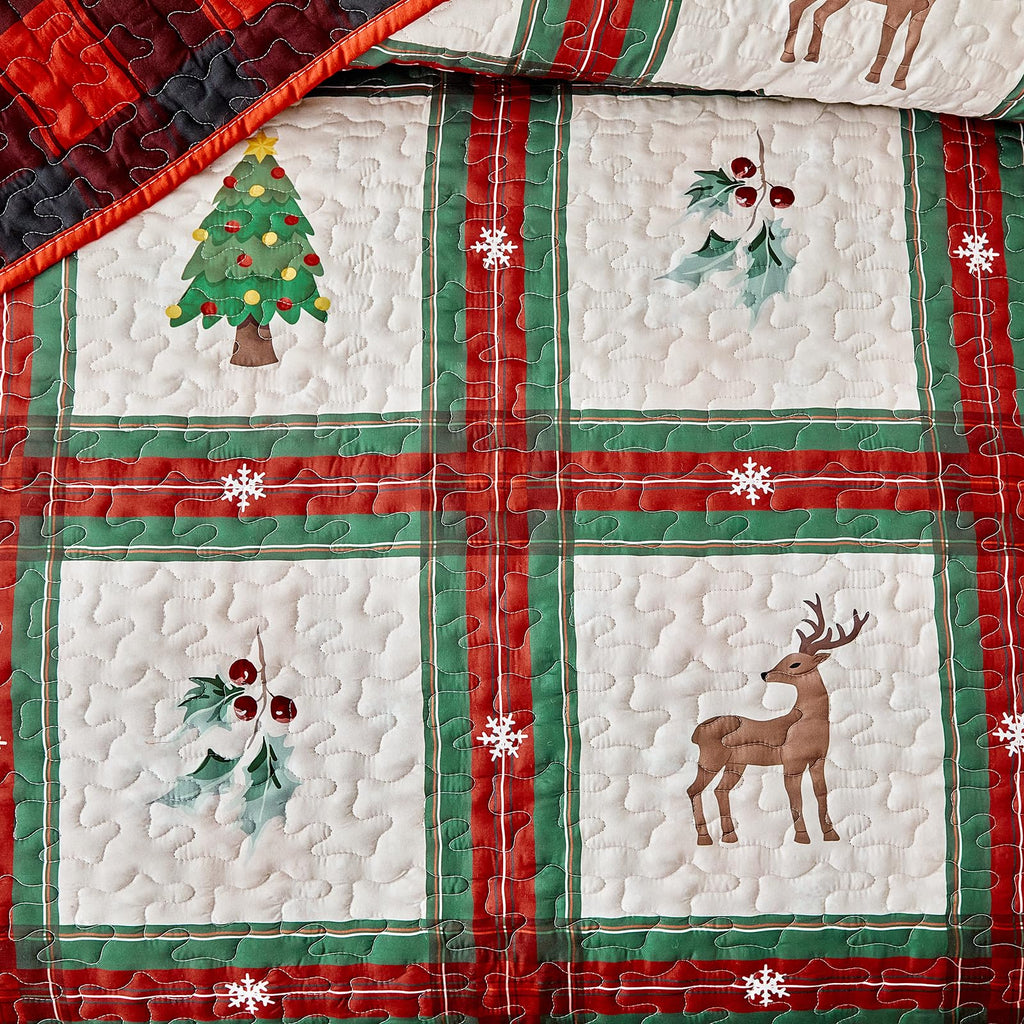 Christmas Quilt Set Patchwork Plaid Style with Green Red Plaid and Deer Tree Berry Reversible Gingham Design - Xmas
