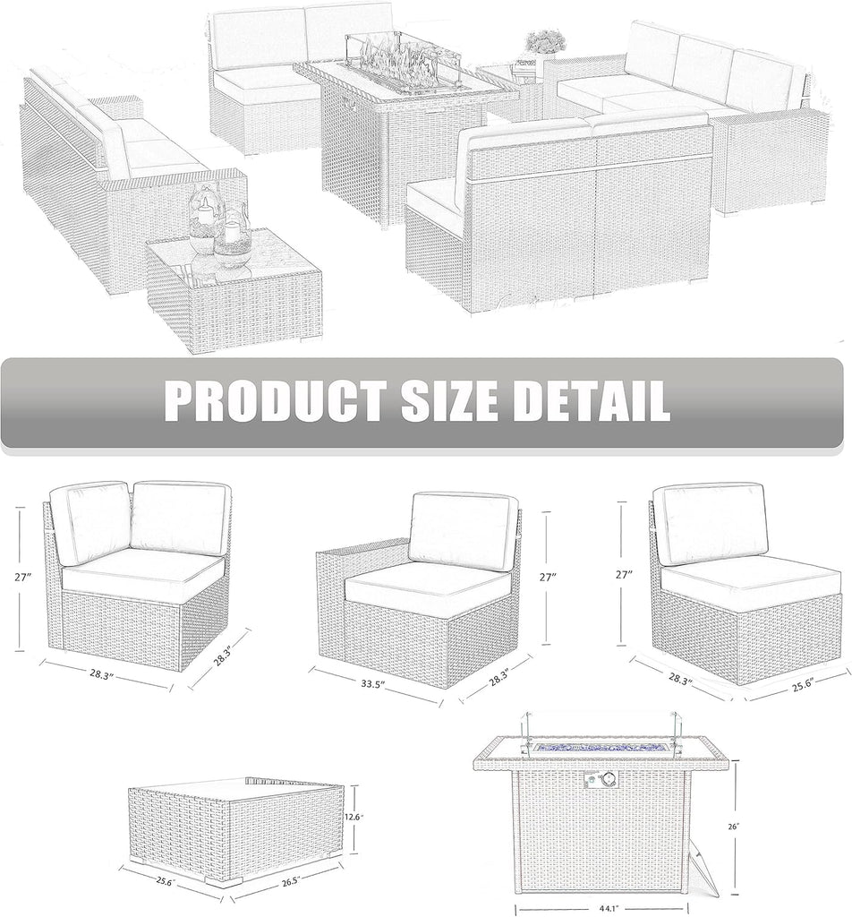 13 Pieces Outdoor Patio Furniture Set with 44" Fire Pit Table Brown Rattan Sectional Sofa Conversation Sets