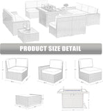 13 Pieces Outdoor Patio Furniture Set with 44" Fire Pit Table Brown Rattan Sectional Sofa Conversation Sets