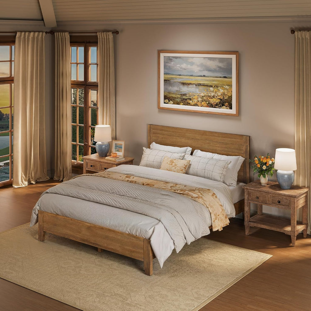 Queen Bed Frame with Headboard, 100% Solid Acacia Wood Platform, 800lb Heavy Duty Support with 10 Reinforced Legs