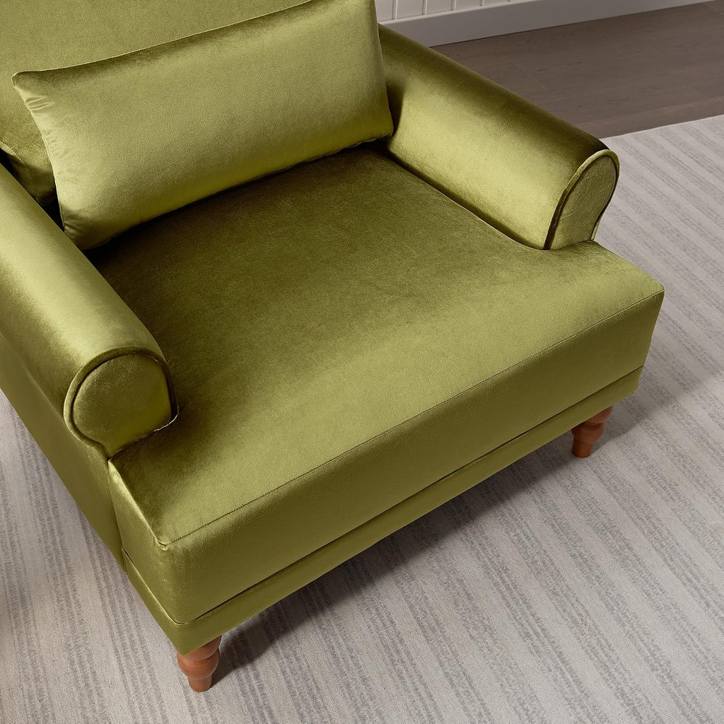 Oversized Velvet Accent Arm Chair with Roman Column Legs, Green | Upholstered Vintage Living Room Chair, Big Lounge