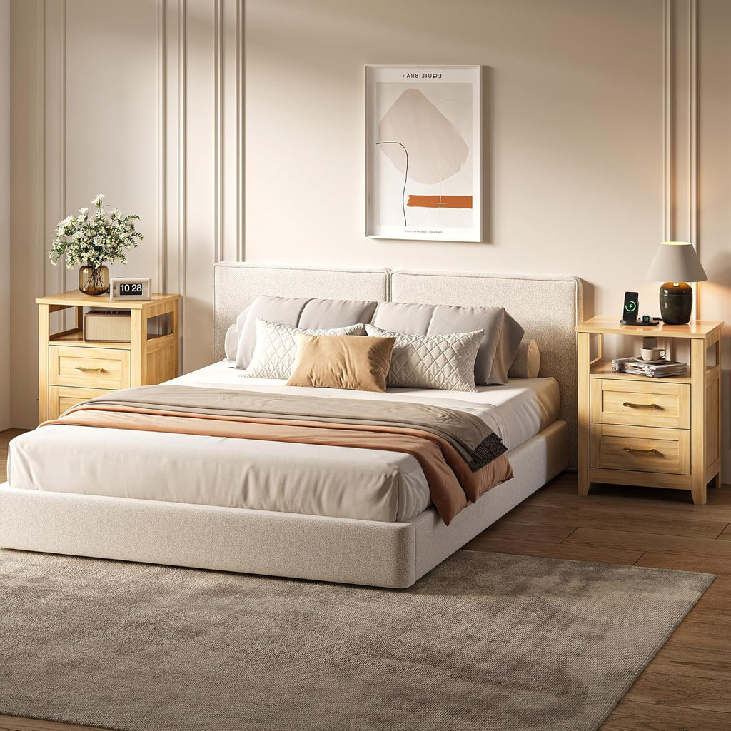 Farmhouse Nightstand with Charging Station, Modern End Tables with 2 Drawers & Open Shelf, Outlets, USB Ports and