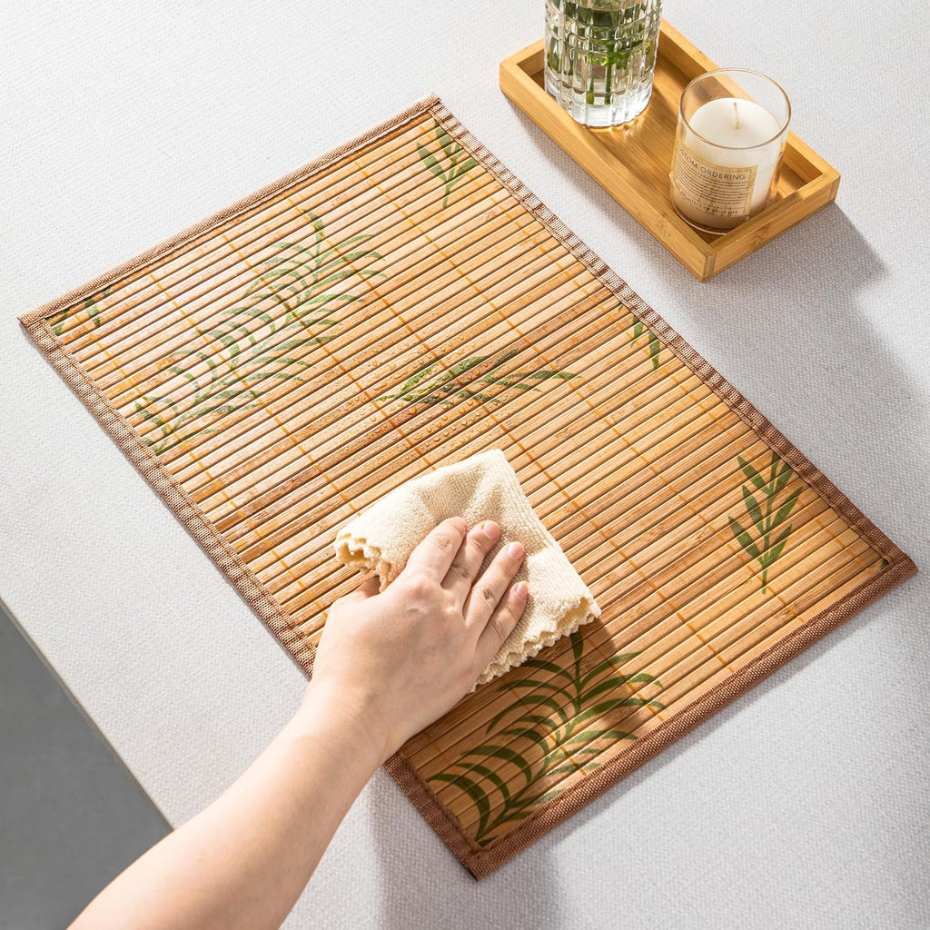 Placemats, Bamboo Table Mats Set with Leaf Pattern, 18'' × 12'' Woven Placemat, Washable Heat-Resistant - Set of 6