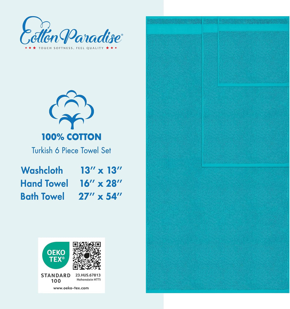 100% Cotton Turkish Towel Set, Soft Absorbent Quick Dry, 6 Piece Towel Set, Ocean Aqua