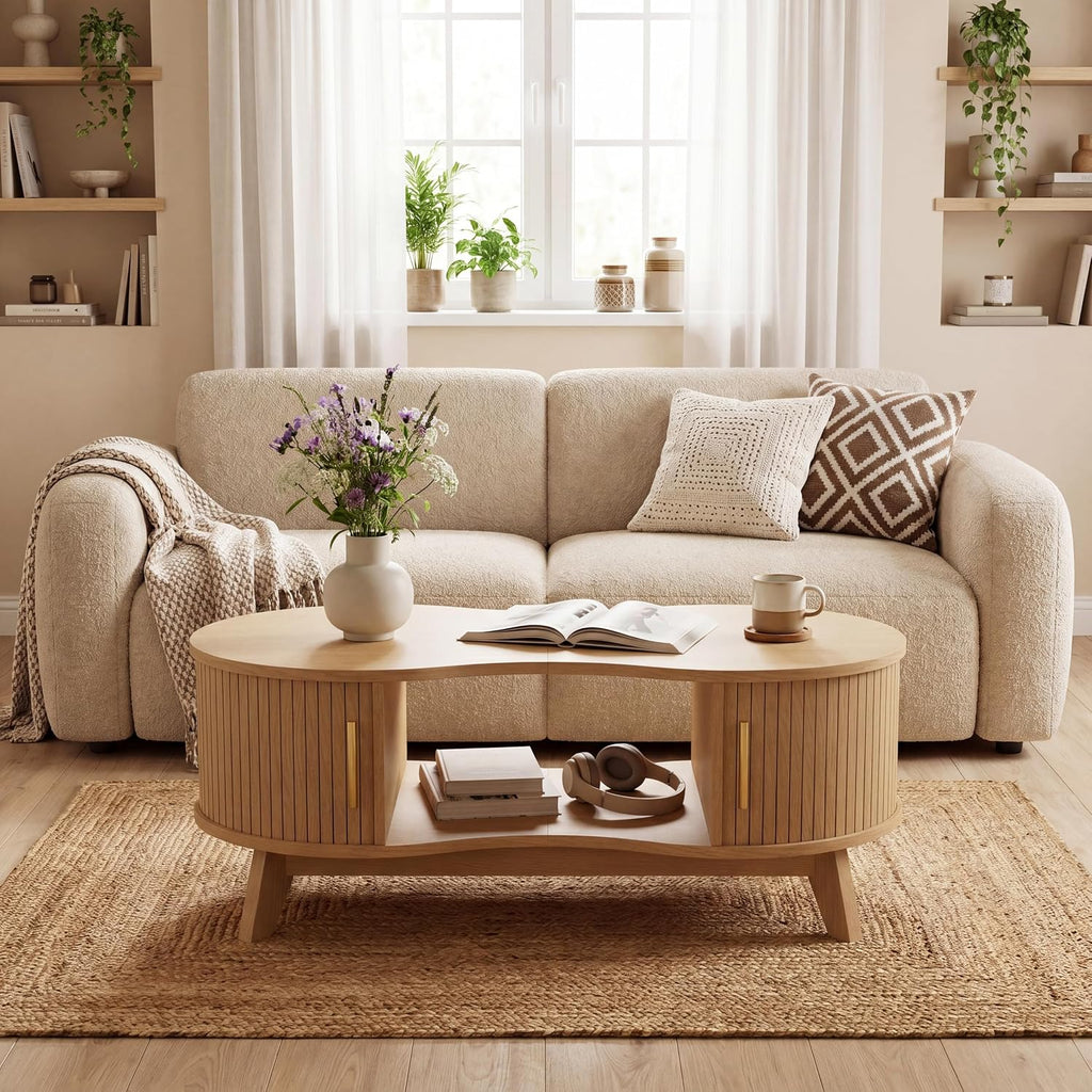 Coffee Table, Dual Oval Coffee Table with with Storage Cabinet and Sliding Tambour Door, 2-Tier Open Storage Shelf