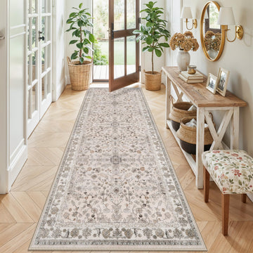 3x8 Hallway Runner Rug Washable Non-Slip - Boho Floral Soft Wide Carpet Runner Entryway Bathroom Bedroom - Low-Pile