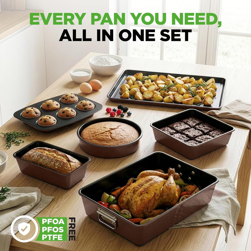 8-Piece Nonstick Stackable Bakeware Set - PFOA, PFOS, PTFE Free Tray Set w/Non-Stick Coating, 450°F Oven Safe, Round