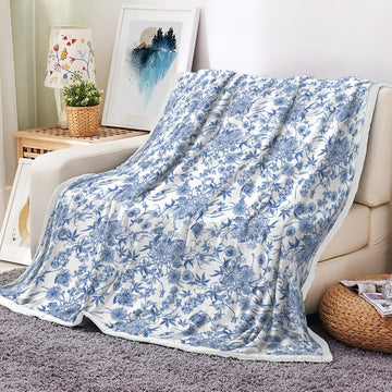 Floral Blanket Blue Floral Throw Blanket, Botanical Flowers Blankets, Soft, Flannel, Warm, Boho Flowers Bed Blankets
