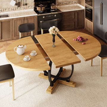 59'' Extendable Round Dining Table for 4 to 6, Kitchen Table with Sturdy X-Base Metal Legs, MDF Board with Backboard