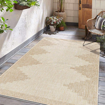 Eris Outdoor Area Rug - Outside Porch Patio Rug Carpet - No Pile Rug - Waterproof Rug - Geometric - Brown, Cream