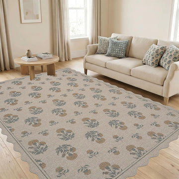 Scalloped Easy Jute Area Rug Vintage Yellow Floral