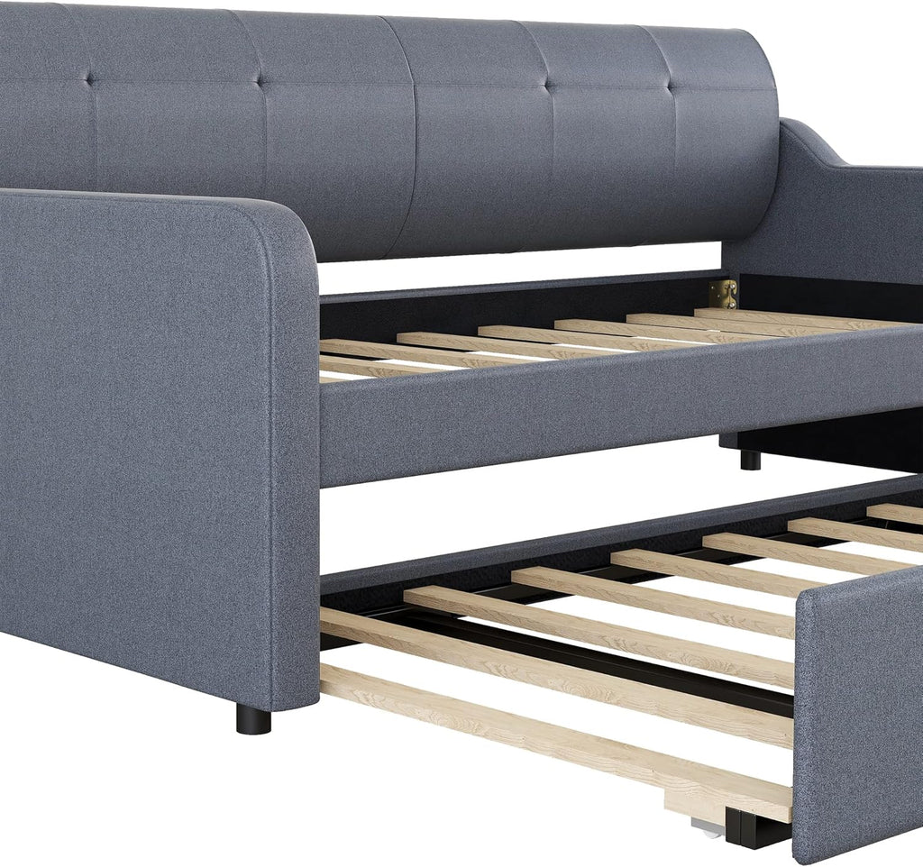 Twin Size Upholstered Daybed with Pop up Trundle,Line Day Bed Frame with Charging Station,Twin to King Daybed, Tufted