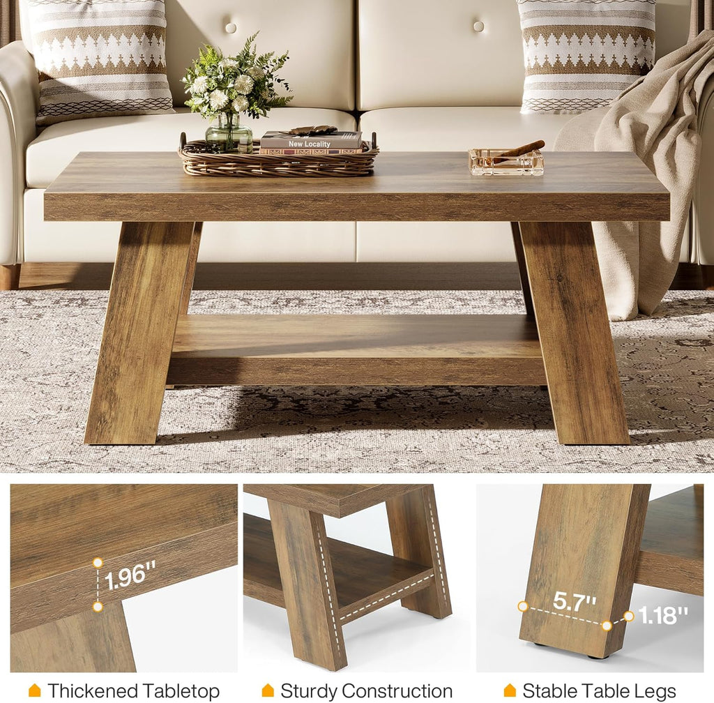 47-Inch Farmhouse Coffee Table with Storage Shelf, Rustic Wooden Center Table, 2-Tier Rectangle Coffee Table (Rustic ...
