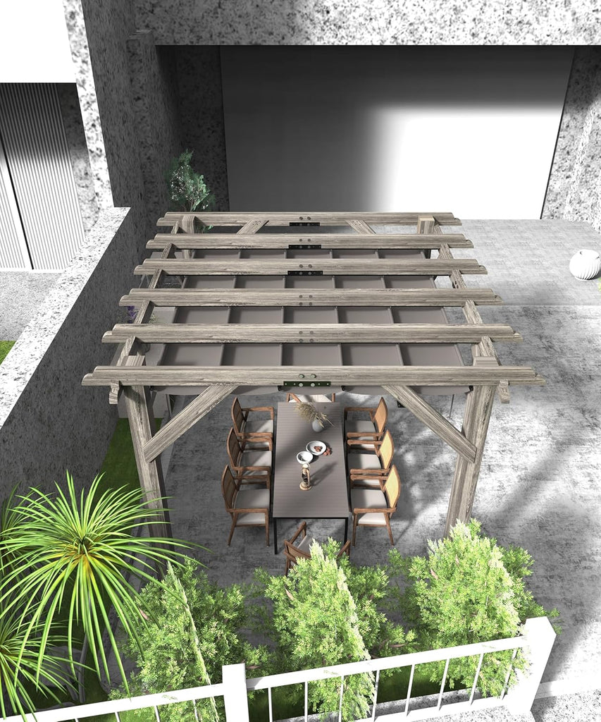 10 X 12 FT Wood Pergola, Solid Structure, Retractable Shade Canopy, Outdoor Wooden Pergola