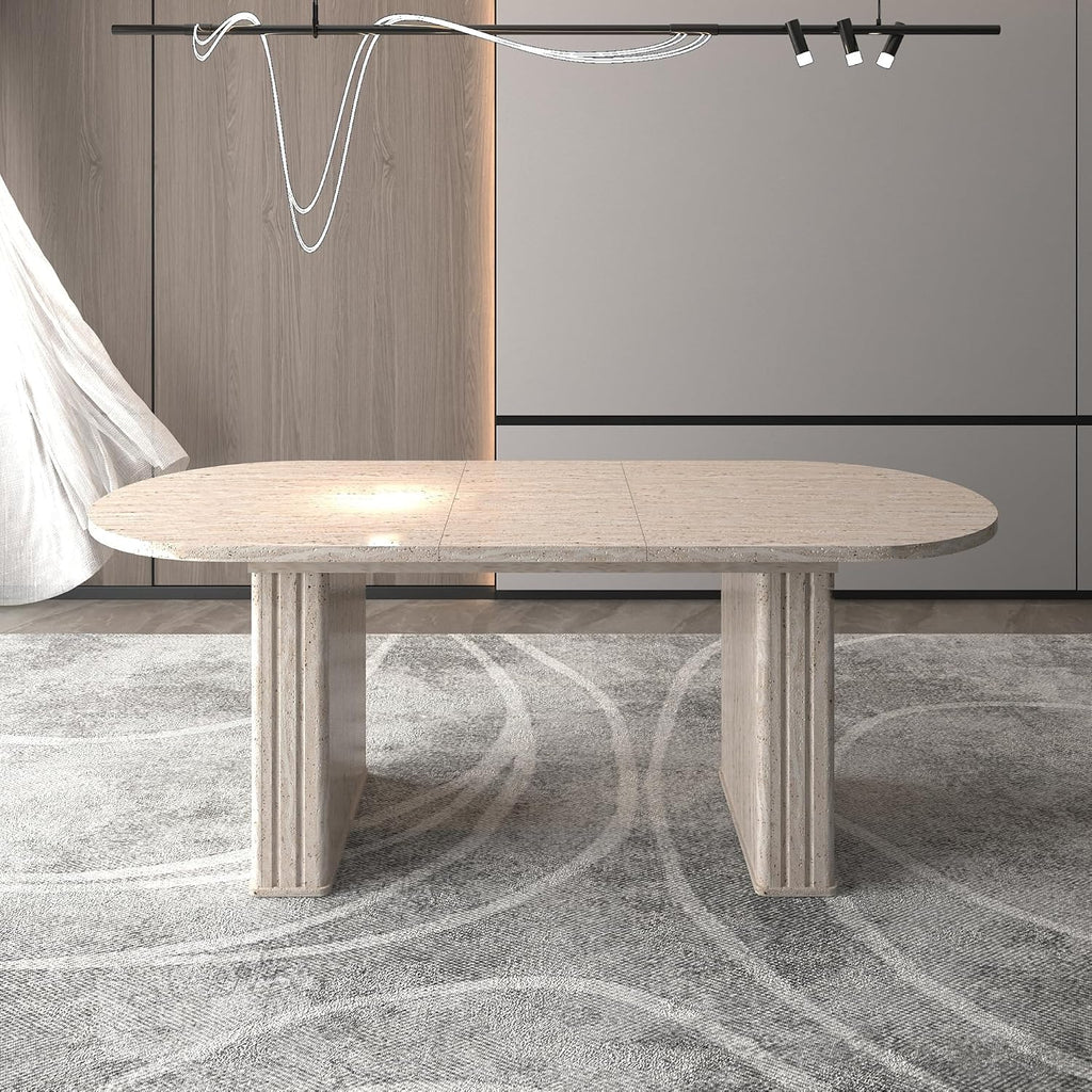 78.74" Extendable Dining Table for 4-8 People,Oval Travertine Inspired Kitchen Table with Wooden Strip Base for