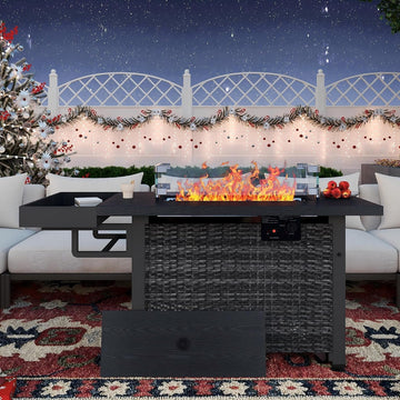 52 Inch Outdoor Fire Pit Table, 50,000 BTU Propane Fire Table with Storage Shelf, Glass Wind Guard and Lid