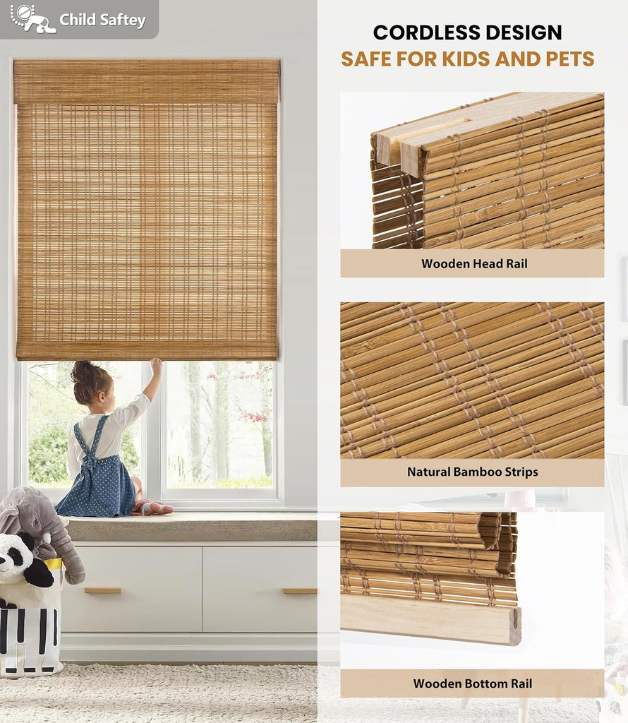 No Drill Bamboo Roman Shades, 22x64, Tuscan B | Light Filtering Window Treatment, No Tools Cordless Roll Up Bamboo