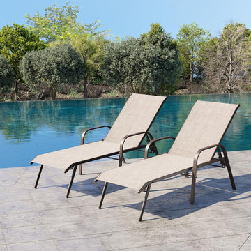 Chaise Lounge Chair Outdoor, Pool Chairs Set of 2 with Armrests (Beige) | 5-Position Adjustable Backrest, Sturdy