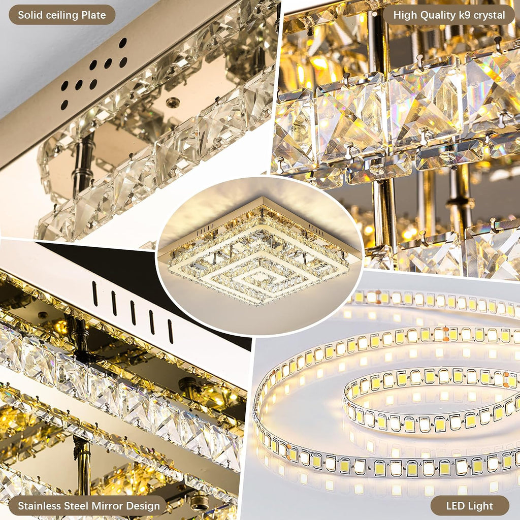 34" Modern Gold Crystal Chandelier with Remote/App Control, Dimmable Flush Mount Ceiling Light Fixture,3-Color