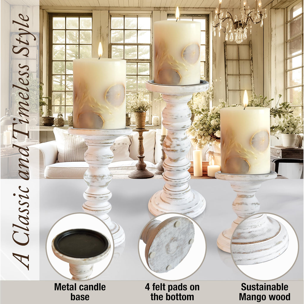 Large Candle Holders for Pillar Candles (3 Piece Set) Tall Rustic Wood Farmhouse Pillar Candlestick Stands - Fits 4