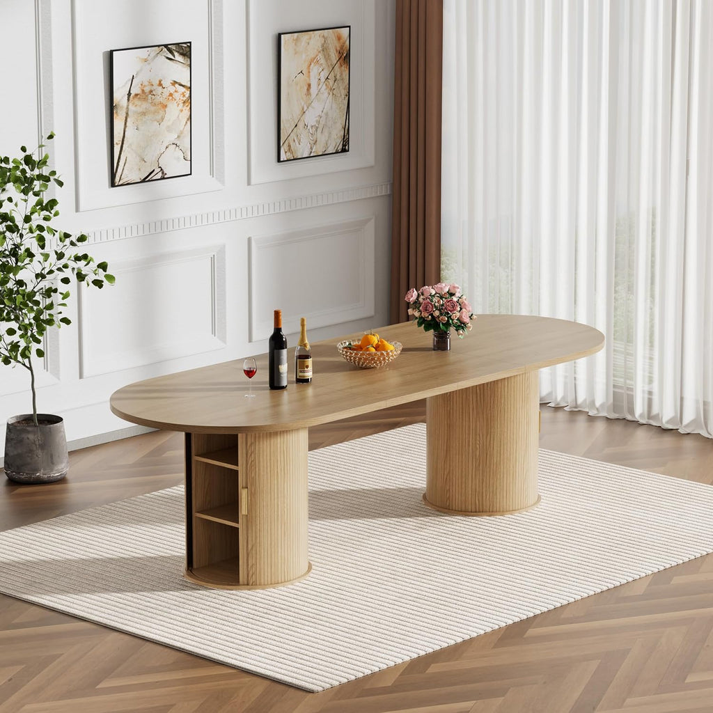 Round Extendable Dining Table, 94" Extendable Dining Room Table for 10, Retro Wooden Kitchen Expanding Table Oval Top