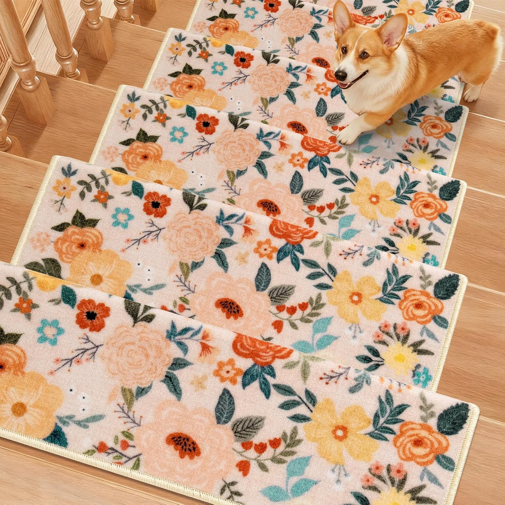 Bullnose Stair Treads for Wooden Steps, Non Slip Stair Carpet 14pcs | Washable, Self-Adhesive, Floral Stair Rug