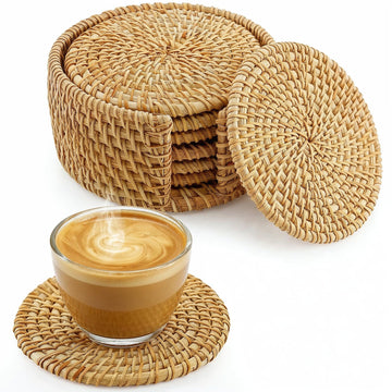 Handmade Rattan Coasters Set of 6 with Holder, Natural Honey