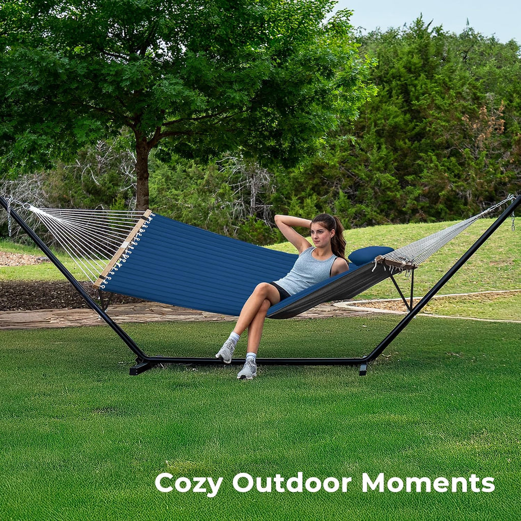 Hammock with Stand, 2 Person Quilted Outdoor Hammock, Detachable Pillow & Bamboo Spreaders, Portable Hammock with