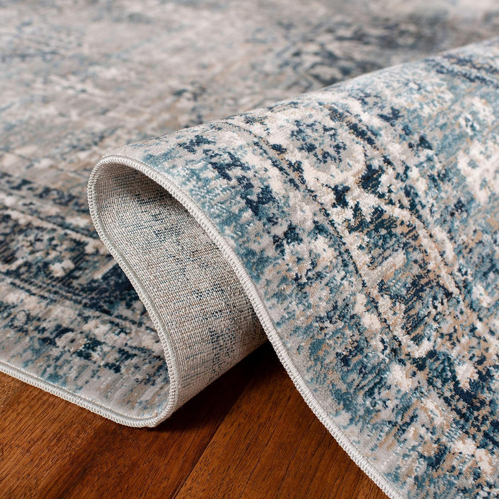 Victoria Area Rug - 10' x 14', Blue & Grey, Vintage Traditional Distressed Design, Non-Shedding & Easy Care