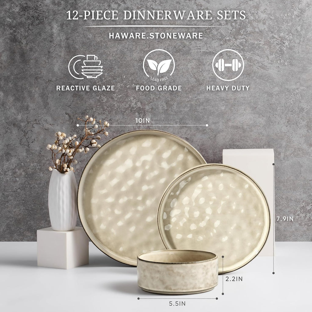 Dinnerware Sets, 12-Piece Plates and Bowls Set, Stoneware Dish Set for 4, Ceramic DinnerwareRestaurant