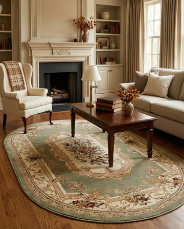 Chateau Rug - 5' 3 x 8' Oval Green Easy-Clean Rug - Traditional French Country Style s, Dining Rooms, and Bedrooms