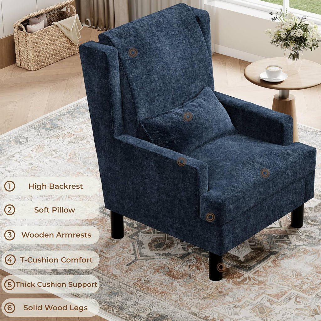 Wingback Accent Chair , Mid-Century Modern Reading Chair , Modern Chenille Upholstered Comfy Armchair with High Back