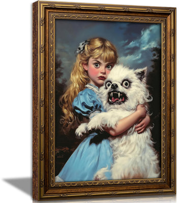 Vintage Gold Framed Victorian Gothic Wall Art, Whimsical Creepy Girl Holding Ugly Dog Painting Canvas Print, Surreal