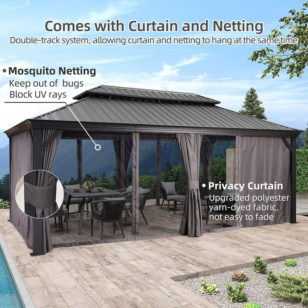 12' X 20' Permanent Hardtop Gazebo Aluminum Gazebo with Galvanized Steel Double Roof and Garden