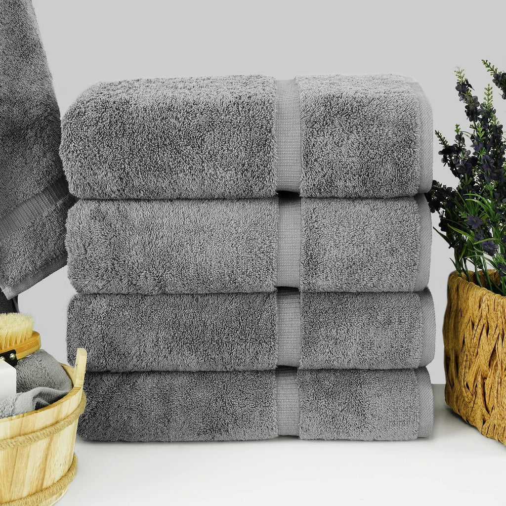 4 Piece Bath Towel Set, 100% Cotton Luxury Turkish Towels , Soft Absorbent Bath Towels, 27 x 54 Inches, Gray
