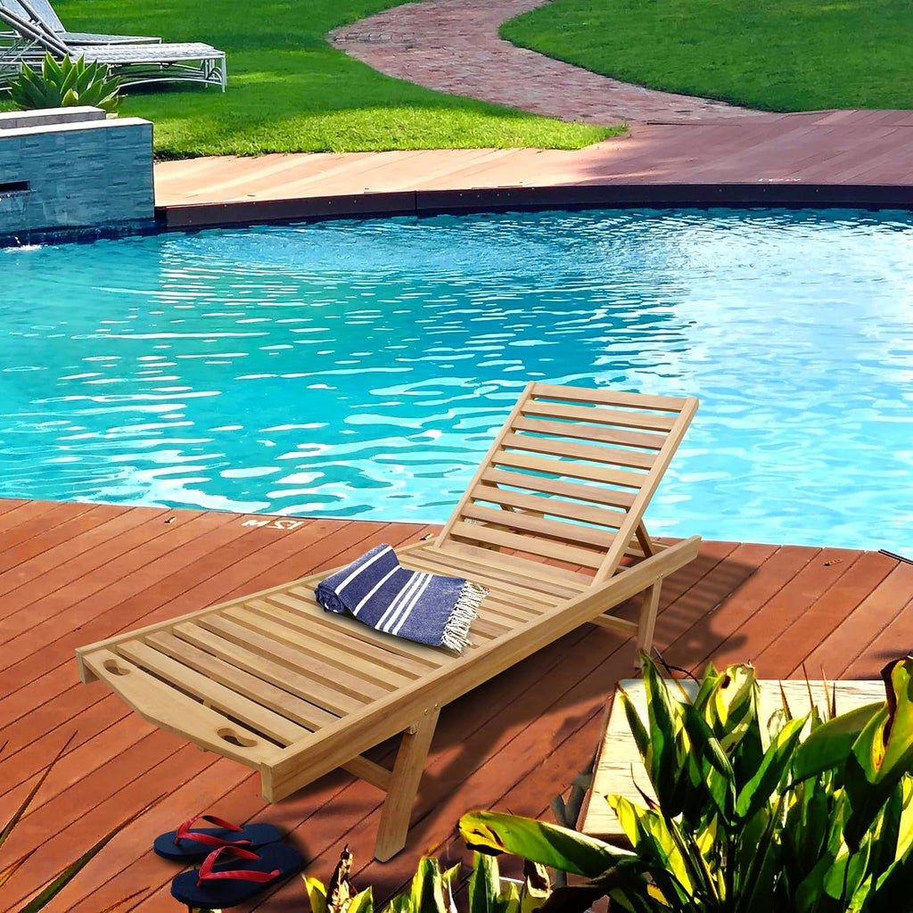 Outdoor Patio Reclining Chaise Pool Lounger Made from Solid Teak Wood