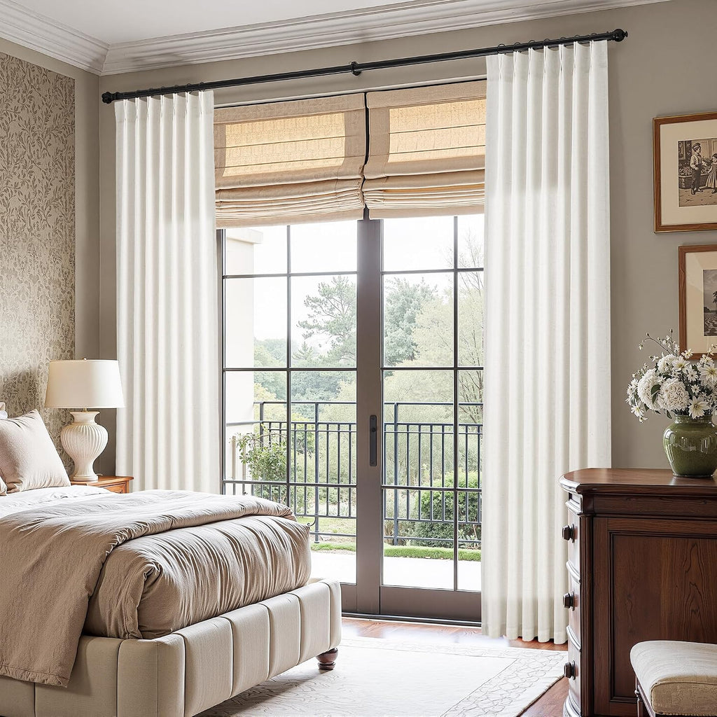 Pinch Pleated Linen Curtains Semi Sheer 2 Panels Natural Cream Curtain for Rustic Farmhouse Back Tab