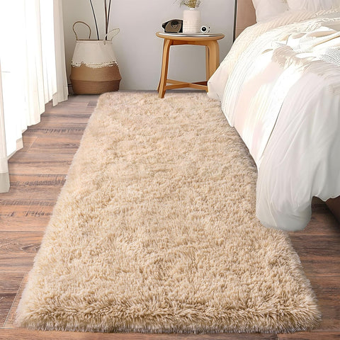 2x6 Fluffy Shag Runner Rug, Soft Plush Non-Slip Carpet for Bedroom Hallway Beige