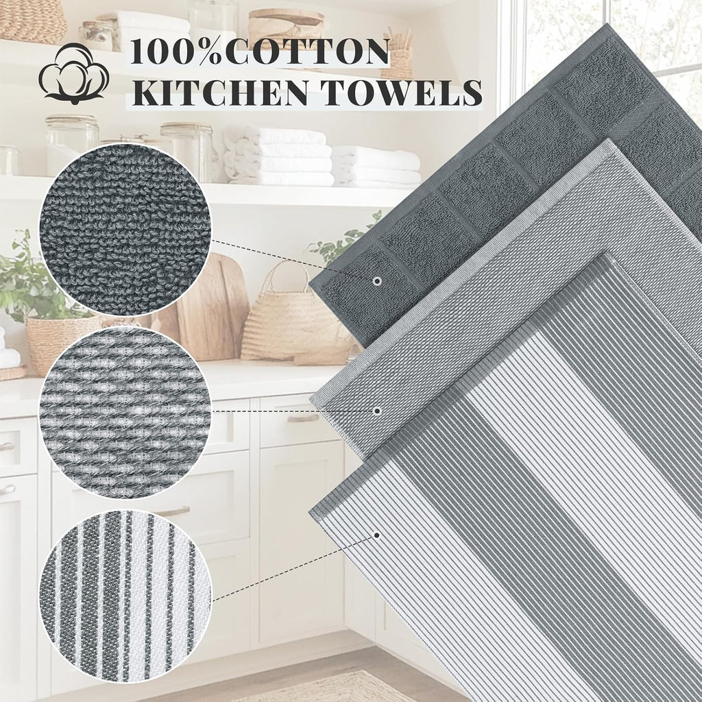 6 Pack Cotton Terry Premium Kitchen Towels, 18 x 28 in, Grey | Large 380 GSM Dish Towels, Highly Absorben Flat &