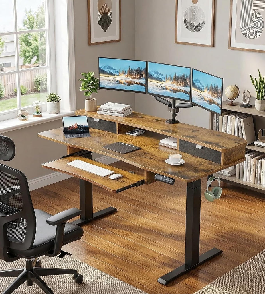 55" x 26" Electric Standing Desk, 2 Drawers & Keyboard Tray, Vintage