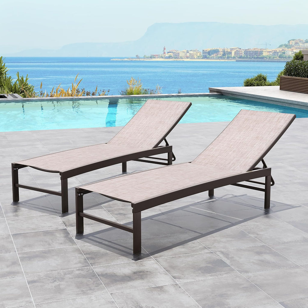 Lounge Chair Outdoor Set of 2, Metal Pool Chaise Lounge Chairs, Adjustable Five-Position Tanning Recliner, All