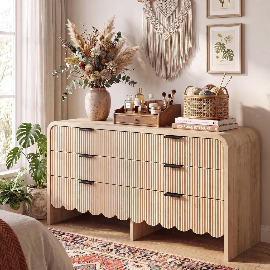 59" Scalloped Dresser ,Fluted 6 Drawer Wooden Dressers,Boho Long Dresser Kids Room, Living Room