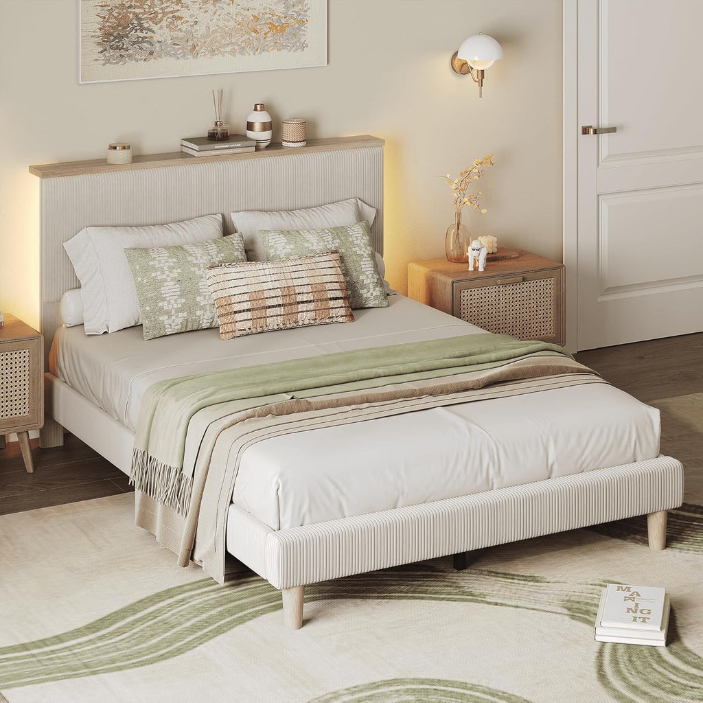 Queen Bed Frame with Adjustable Headboard & LEDLighting, Corduroy Upholstered Platform Bed Frame withStorage Shelf