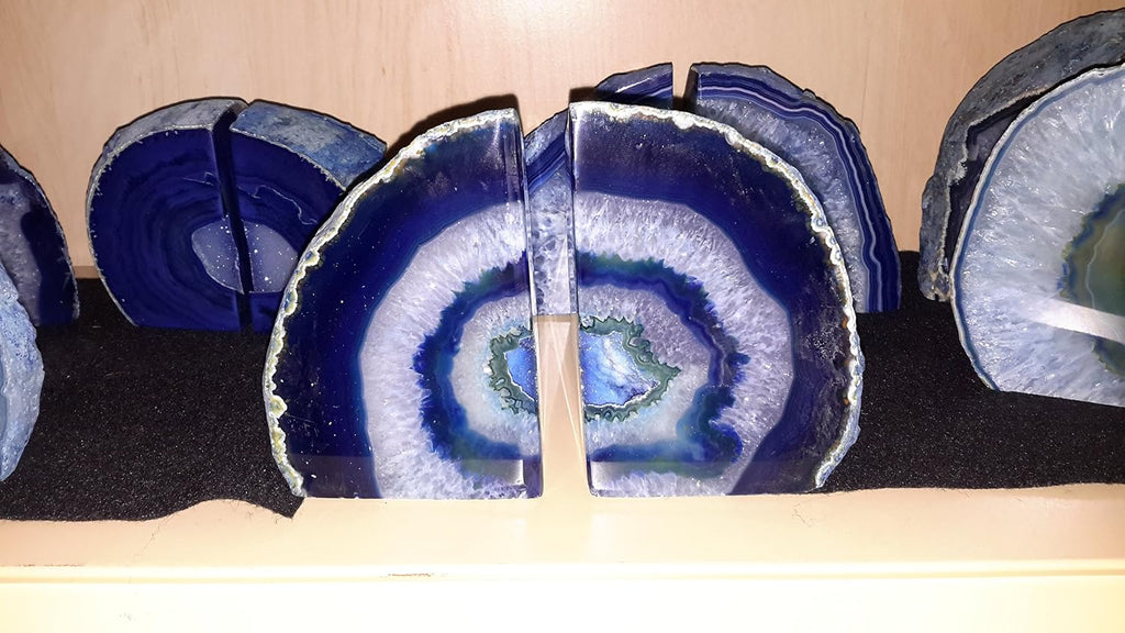 Blue Agate Quartz Geode Book Ends - Made from the Finest Grade Brazilian Agate