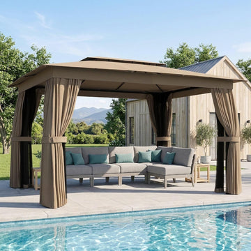 10' x 12' Outdoor Patio Gazebo, Heavy Duty Gazebo Canopy Shelter with Double Roof, Curtains, Netting, Steel Frame