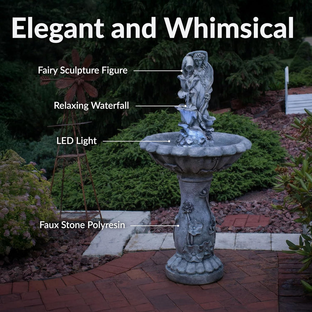Fairy Flower Solar Water Fountain - 42-Inch Outdoor Water Feature with LED Light, Decks