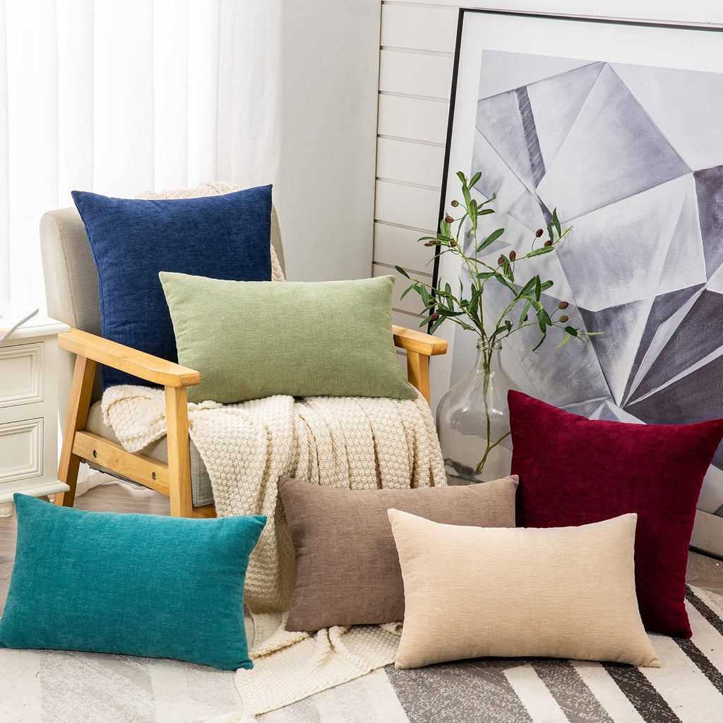 Lumbar Support Pillow Decorative Rectangle Throw Pillow Covers 12"x20" Inch Set of 2, Soft Chenille Pillowcase
